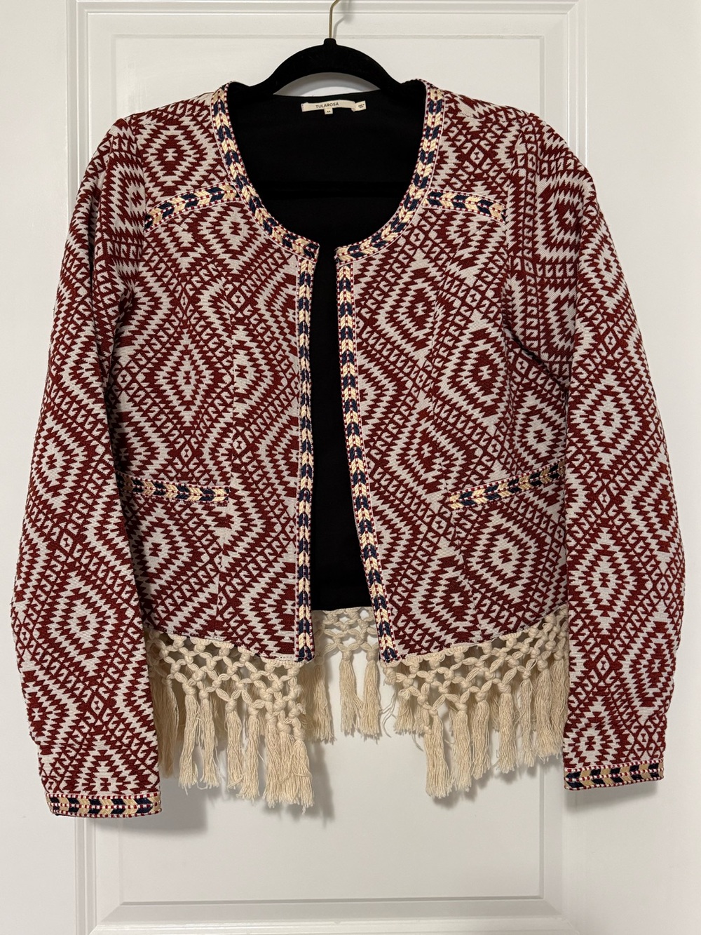 Tularosa Red and Cream Macramé Fringe Knit Jacket
